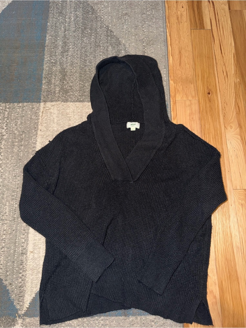 Aerie V-Neck Black Hooded Knit Sweater